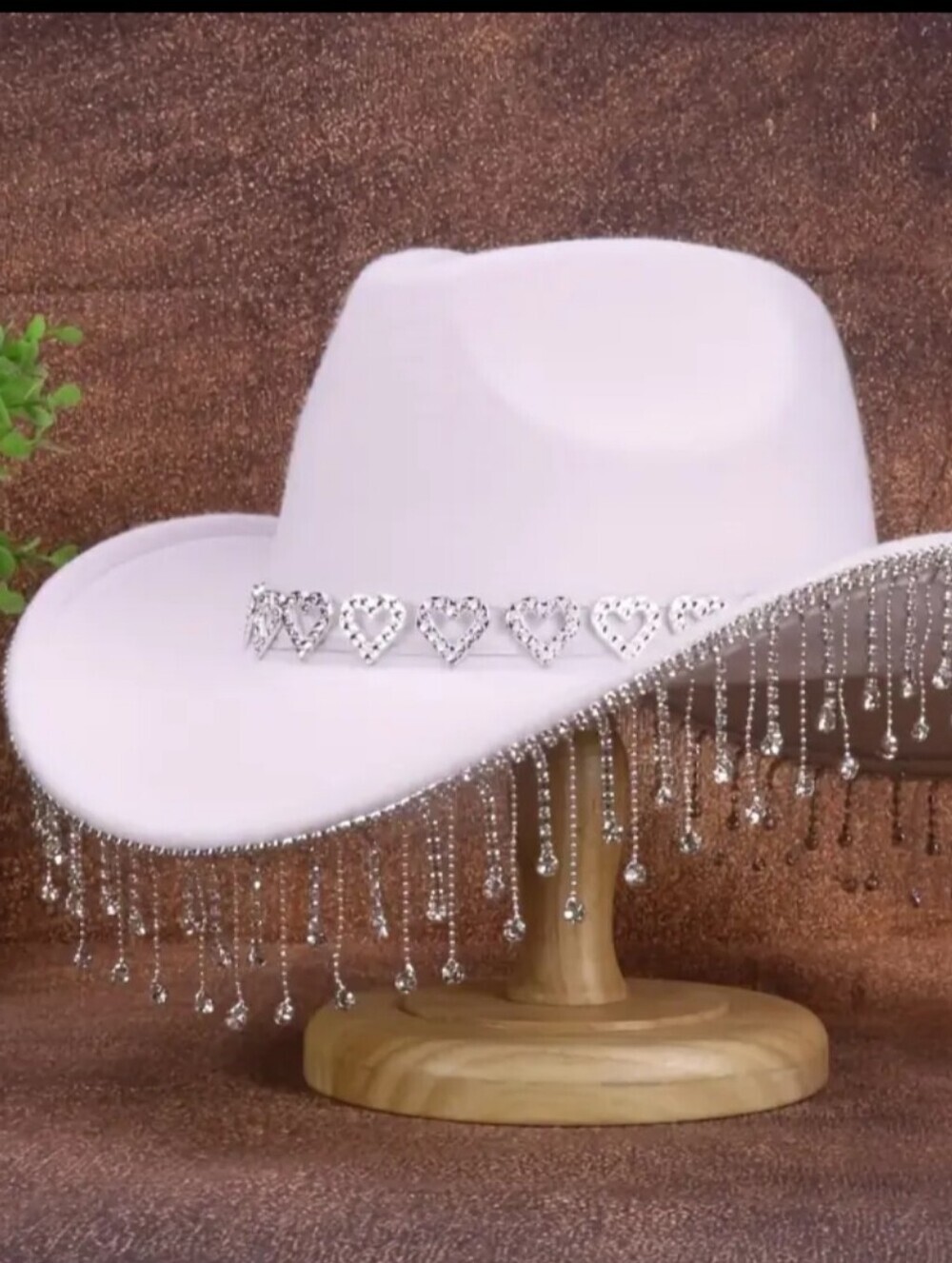 Western Women's White Heart-Trim Rhinestone Cowboy Hat with Beaded Fringe